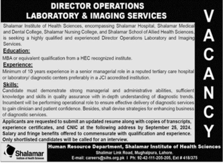 Shalamar Institute of Health Sciences SIHS Medical Jobs September 2024