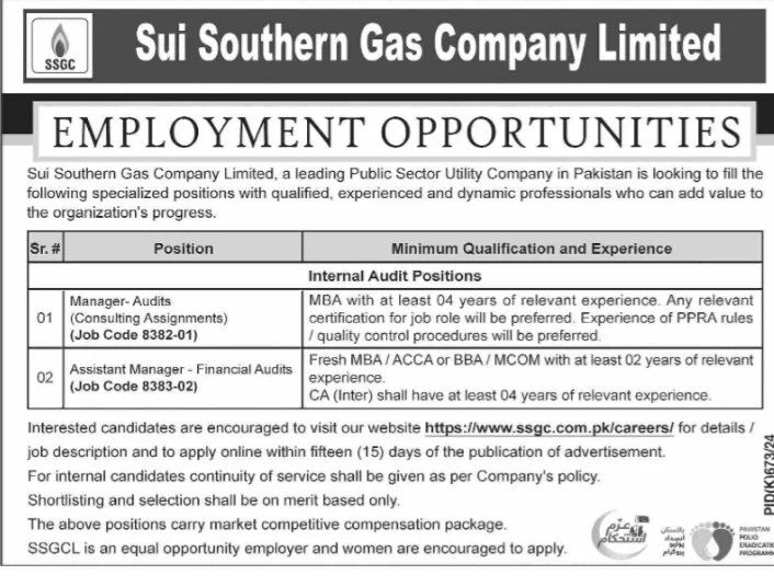 Sui Southern Gas Company Limited SSGC Management Jobs Karachi 2024 September Advertisement