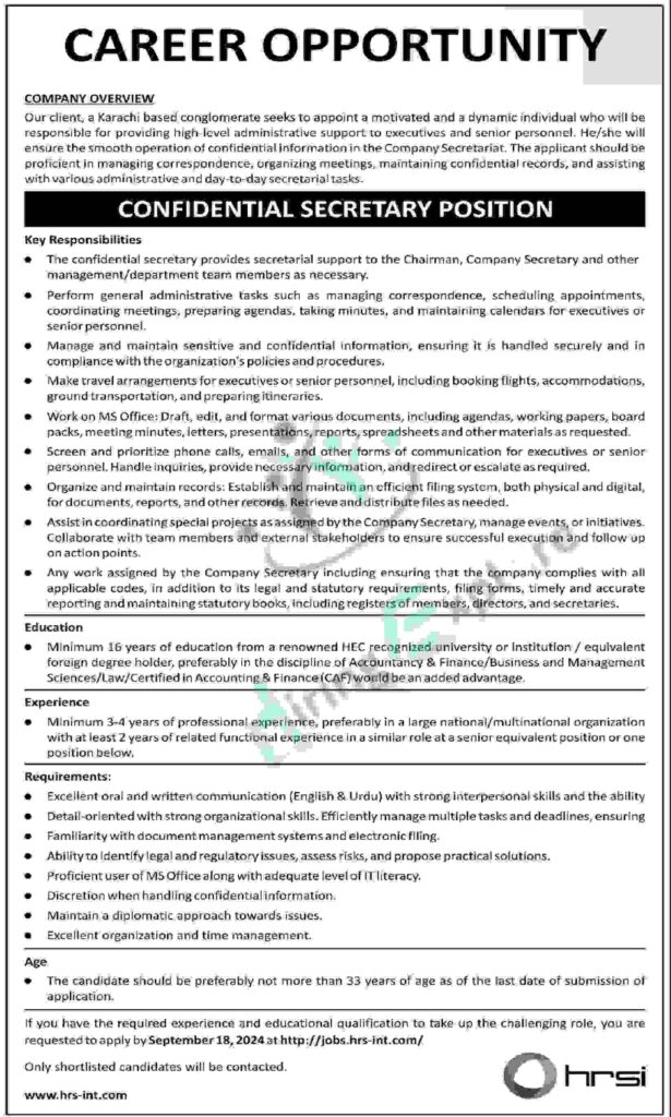 Secretary Jobs at Human Resource Solution International HRSI September 2024 Advertisement