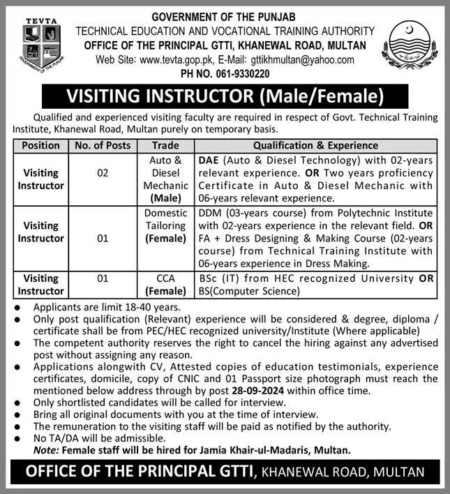 New Instructor Jobs at Government Technical Training Institute TEVTA Jobs in Multan 2024