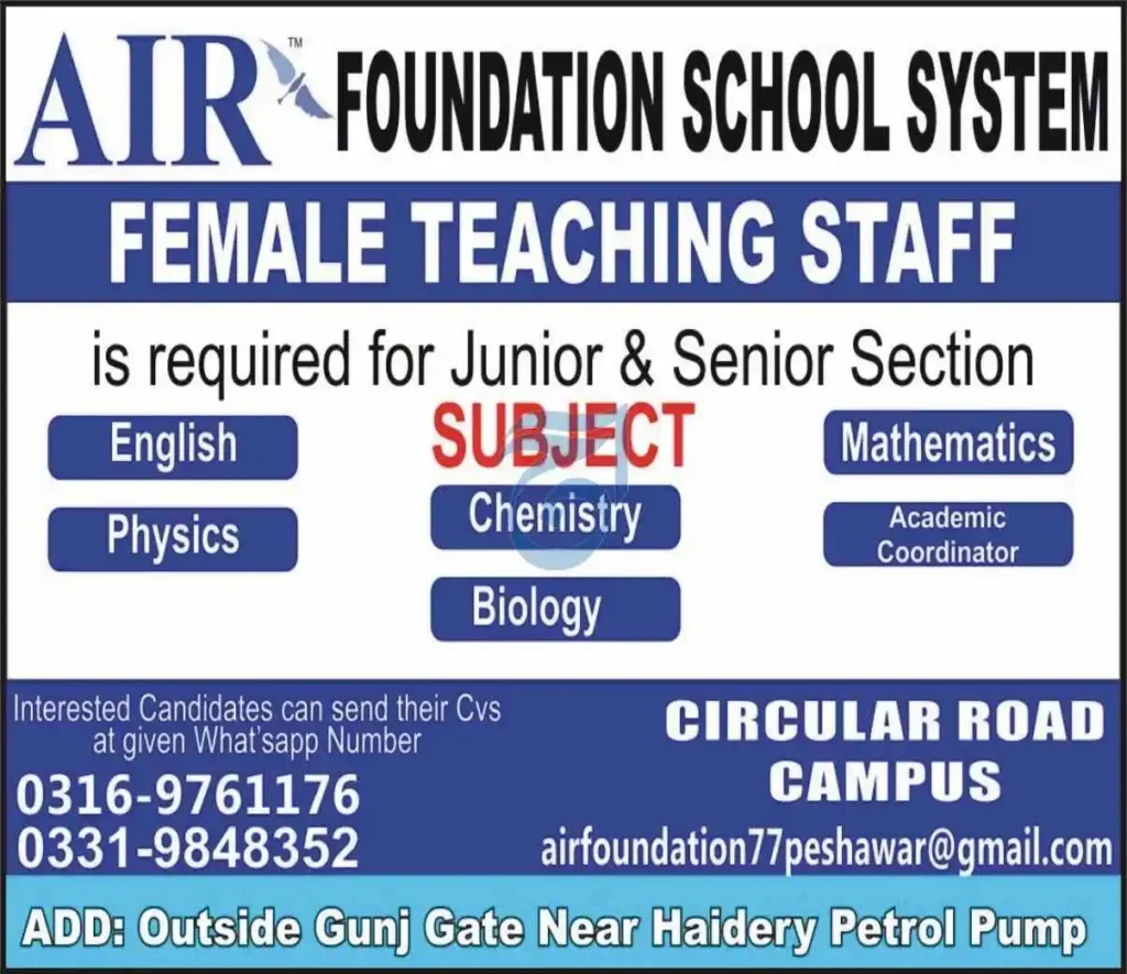 Air Foundation School System Teaching Jobs in Peshawar 2024 September Advertisement