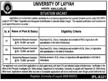 Recent Management and research Jobs at University of Layyah September 2024 Advertisement