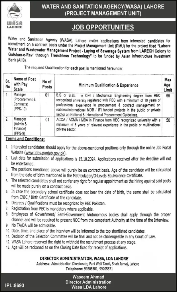 Water and Sanitation Agency WASA Lahore Jobs September 2024