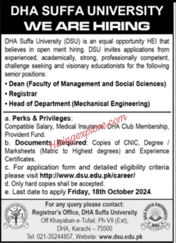 Latest DHA Suffa University DSU Jobs in Karachi October 2024