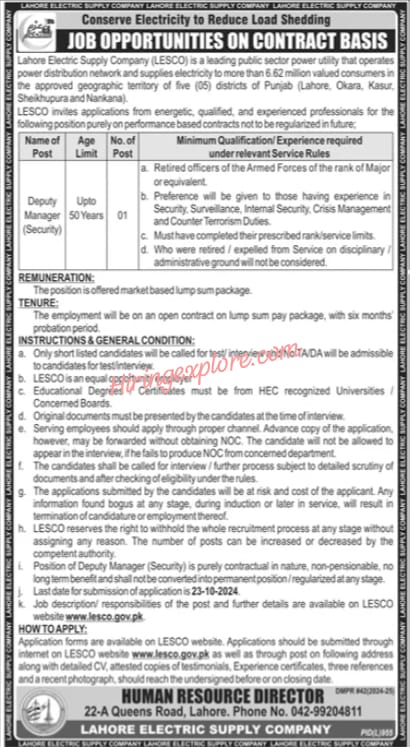 Deputy Director Security Lahore Electric Supply Company LESCO Jobs in Lahore October 2024