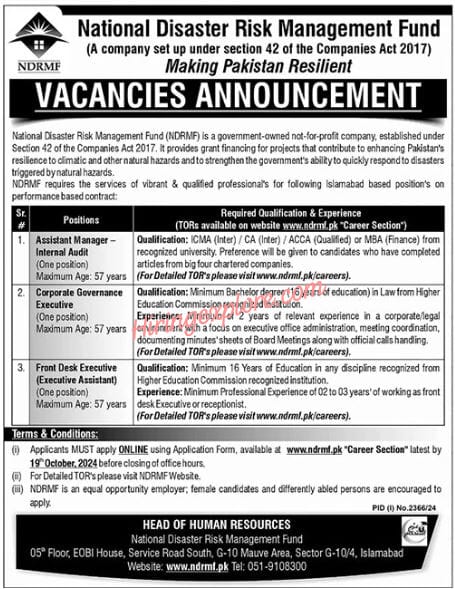 National Disaster Risk Management Fund NDRMF Jobs in Islamabad 2024