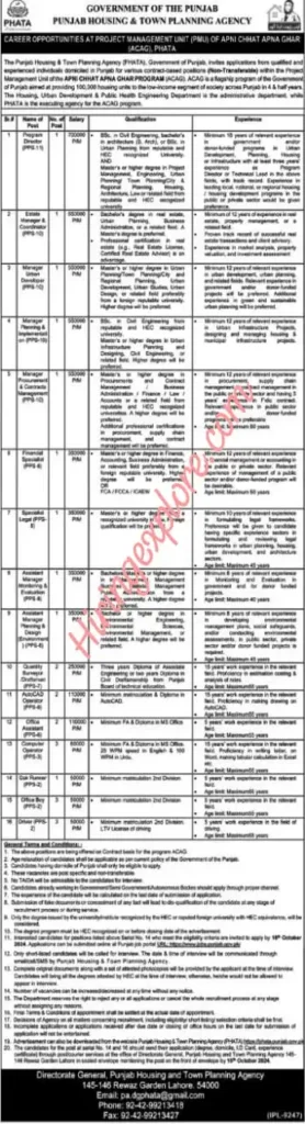 Punjab Housing and Town Planning Agency PHATA Jobs in Lahore 2024