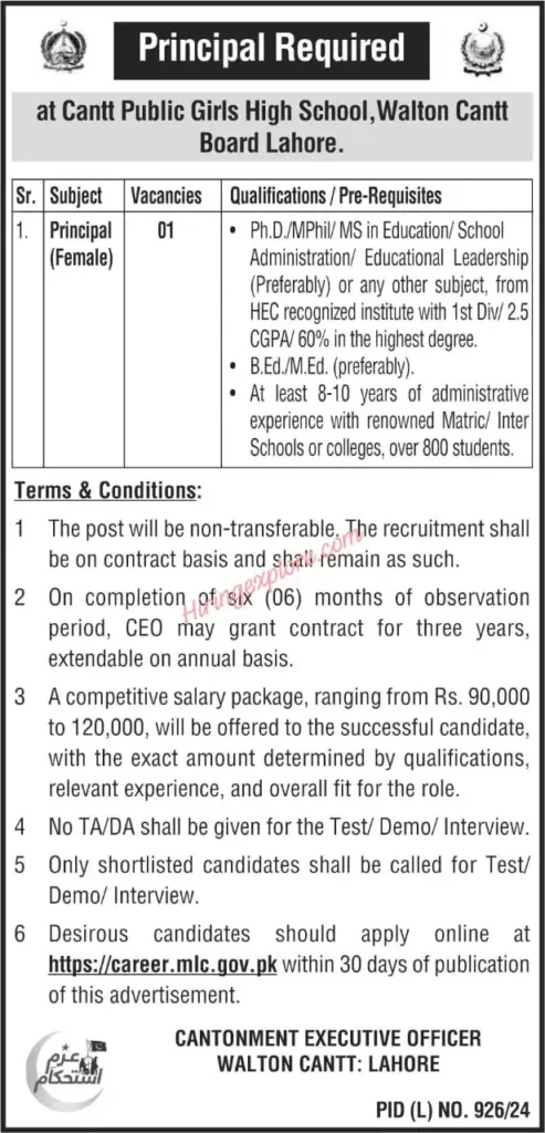 Female Principal Job at Cantt Public Girls High School Lahore 2024