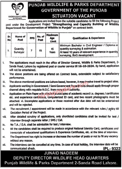 Quantity Surveyor Jobs in Punjab Wildlife & Parks Department 2024