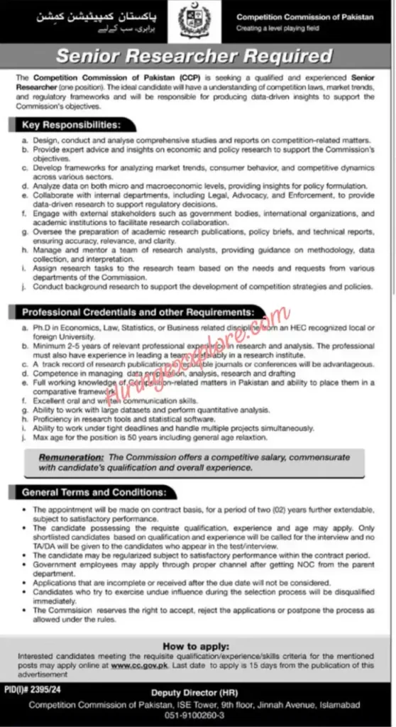 New Researcher Jobs at CCP Competition Commission of Pakistan 2024