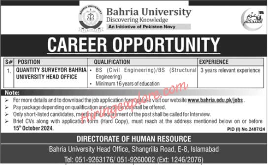 New Surveyor Jobs at Bahria University Islamabad October 2024