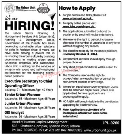 The Urban Unit Lahore Jobs October 2024-Punjab Government Jobs