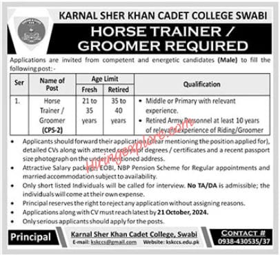 Trainer Jobs at KSKCCS Karnal Sher Khan Cadet College Swabi 2024