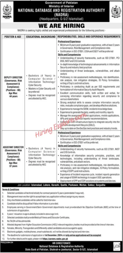 National Database and Registration Authority NADRA Jobs 2024