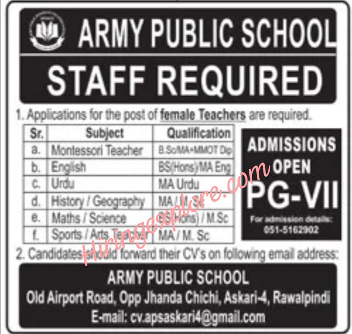 Latest Army Public School APS Teaching Jobs in Rawalpindi 2025