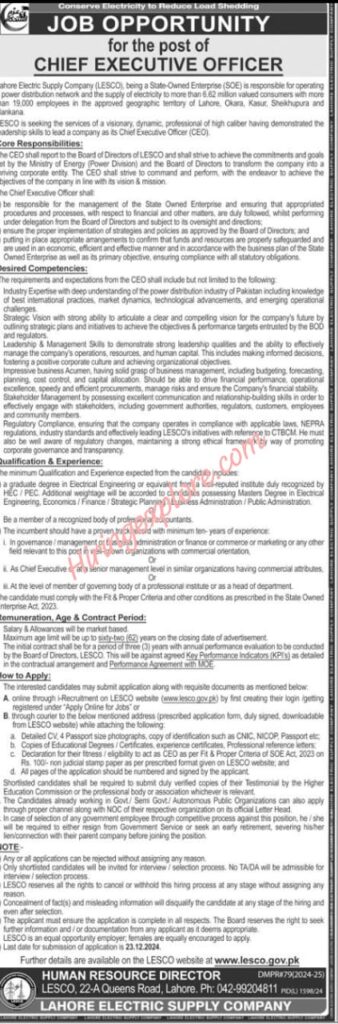 Latest LESCO Jobs 2024 December Apply Online at www lesco gov pk