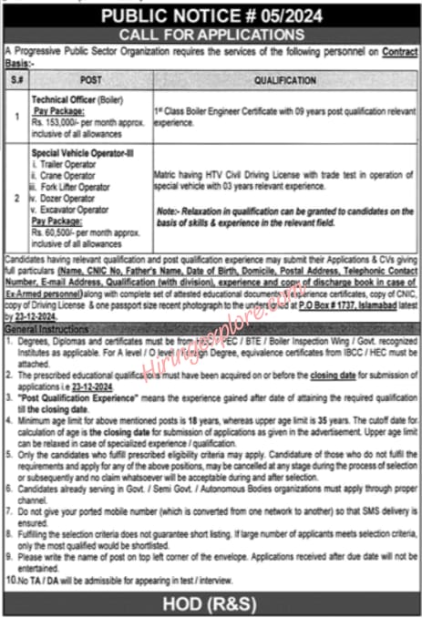 Public Sector Organization Jobs in Islamabad 2024 Advertisement